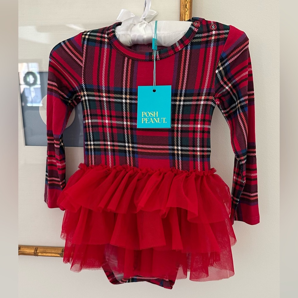 Red Tartan Plaid Long Sleeve Tulle Skirt Bodysuit